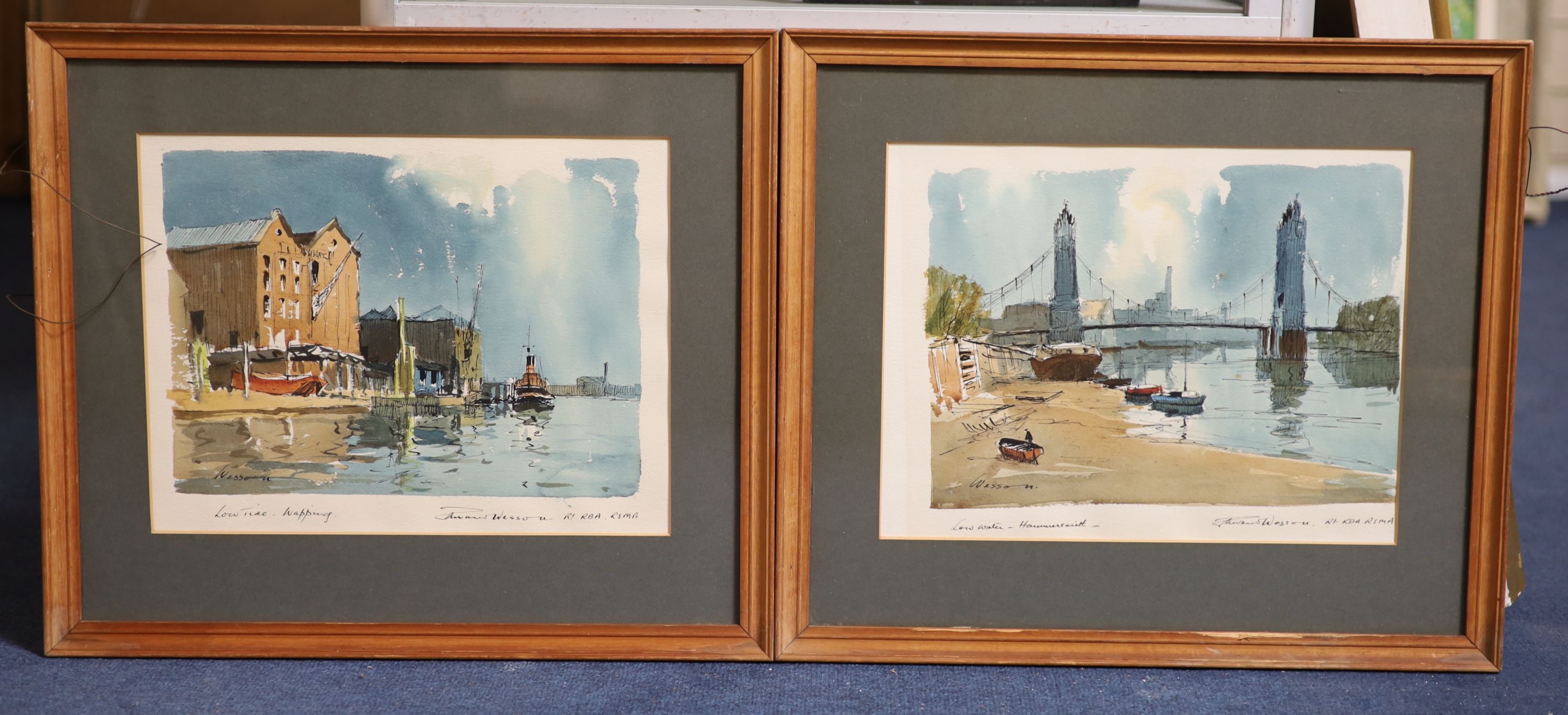 Edward Wesson (1910-1983), Low water, Hammersmith & Low tide, Wapping, Ink and watercolour, a pair, 25 x 33 cm.